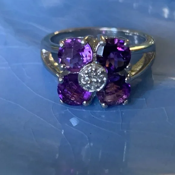 -Sterling Amethyst Floral Ring | Size 5 | Celestial Luxe Sparkle - Picture 13 of 14